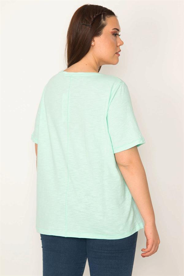 KADIN MİNT PAMUKLU KUMAŞ ÖN BASKILI KISA KOLLU BLUZ