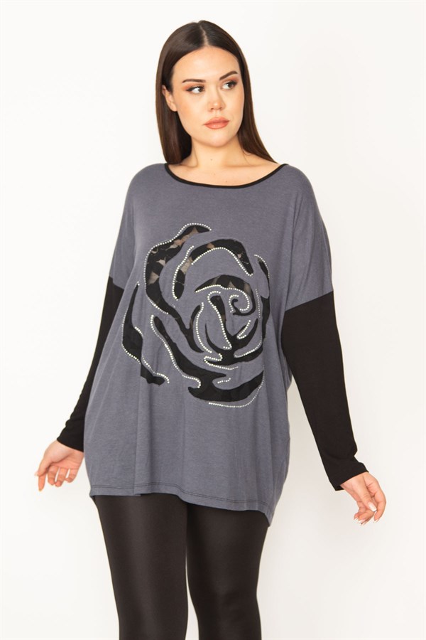 Kadın Gri Önü Flok Desen Ve Taş Detaylı İki Renkli Tunik 65N31412