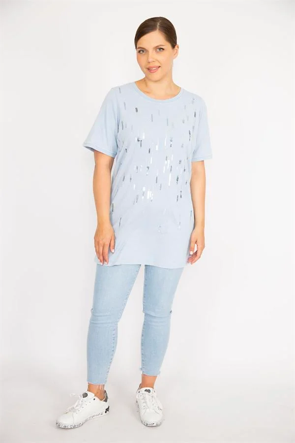 Kadın Büyük Beden Bebe Mavisi Payet Ve Taş İşli Bisiklet Yakalı Bluz