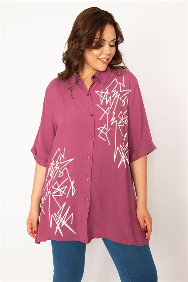 Kadın Mor Ön Düğmeli Baskı Detaylı Dokuma Viskon Kumaş Gömlek 65N33535