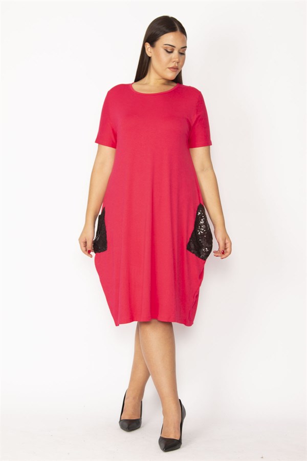 Kadın Fuşya Cebi Payet Detaylı Viskon Elbise 65N28966
