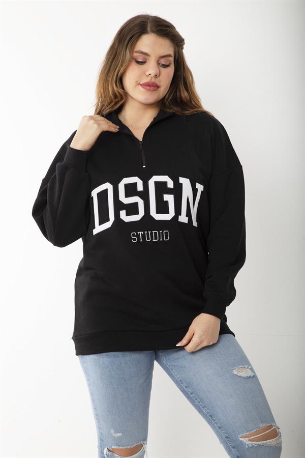 Kadın Büyük Beden Siyah İçi Şardonlu Ön Pat Fermuarlı Nakışlı Sweatshirt 65N37207
