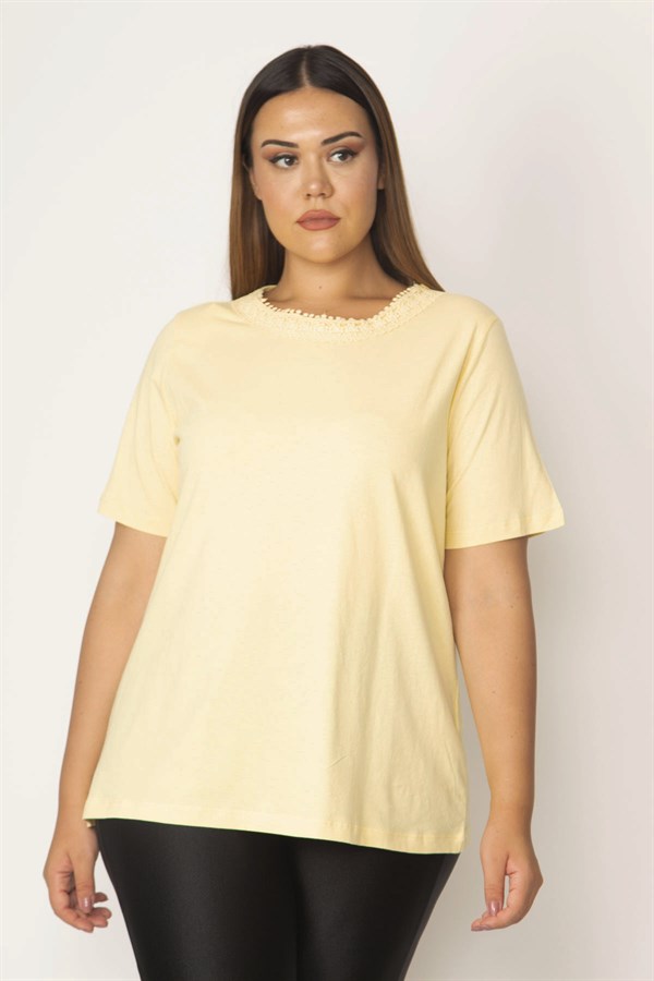 Kadın Sarı Pamuklu Kumaş Yaka Dantelli Bluz 65N28616