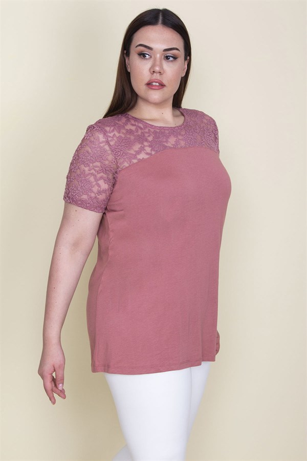 Kadın Pudra Roba Ve Kolları Dantel Detaylı Bluz 65N23574