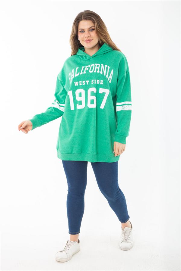 Kadın Büyük Beden Haki İçi Şardonlu Üç İplik Kapşonlu Sweatshirt 65N37290