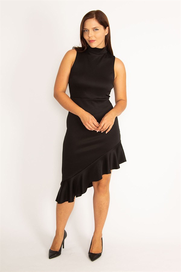 WOMEN'S BLACK FLOUNCED SKIRT DRESS WITH HIDDEN BACK ZIPPER