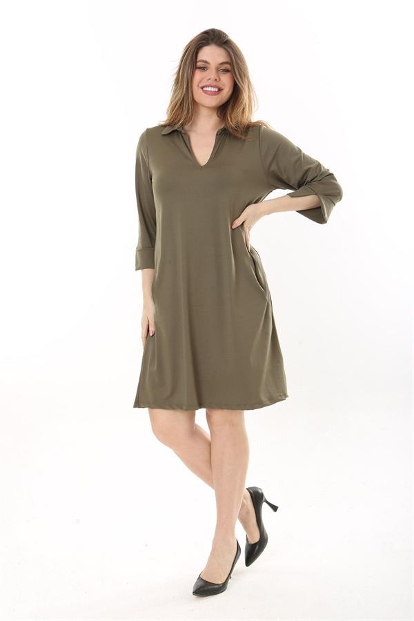 Kadın Büyük Beden Haki V Yakalı Cepli Krep Elbise 65N37658