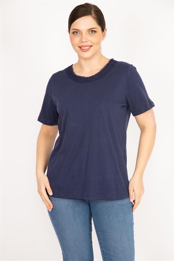 Kadın Lacivert Büyük Beden Pamuklu Kumaş Yaka Dantelli Bluz