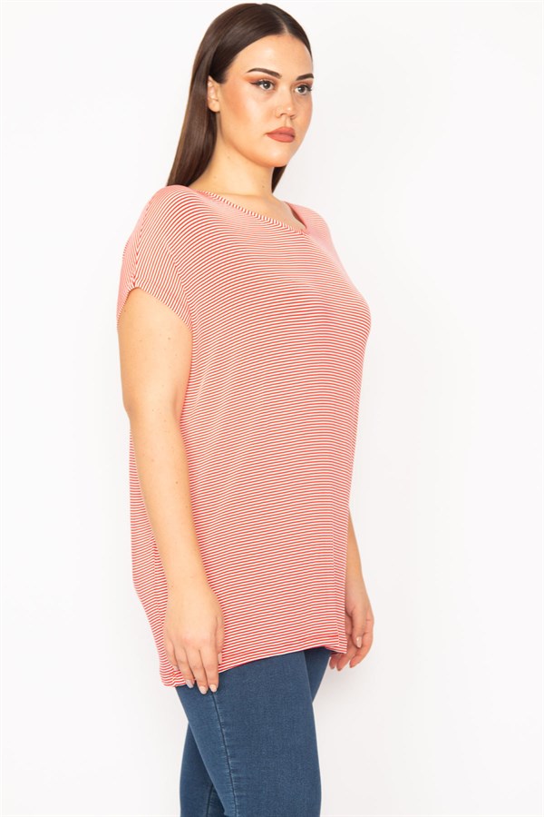 Kadın Kırmızı Sırt Detaylı Düşük Kollu Çizgili Bluz 65N30193