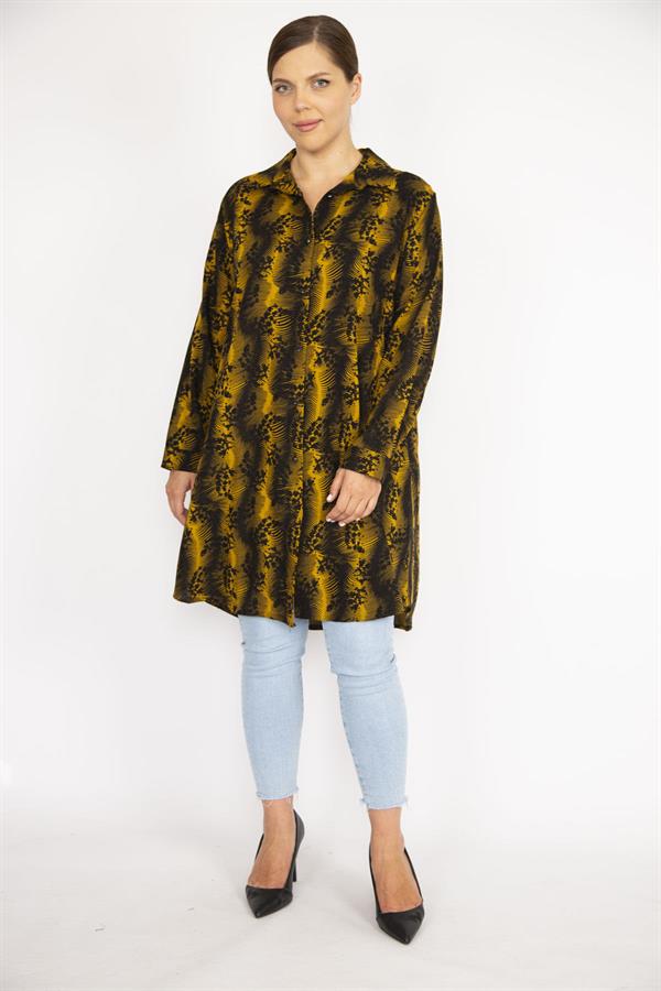 Kadın Büyük Beden Hardal Ön Düğmeli Uzun Kollu Gömlek