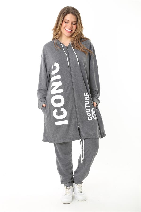 Kadın Büyük Beden Gri Baskı Ve Fermuar Detaylı Kapşonlu Sweatshirt Pantolon Takım 65N37128