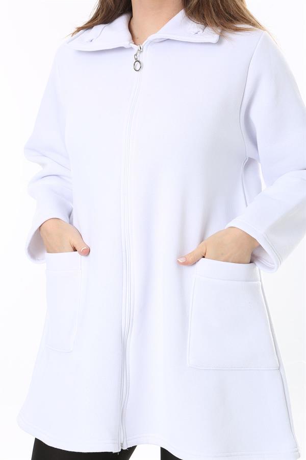 Kadın Büyük Beden Beyaz İçi Şardonlu Ön Fermuarlı 3 İplik Ceket 65N37788