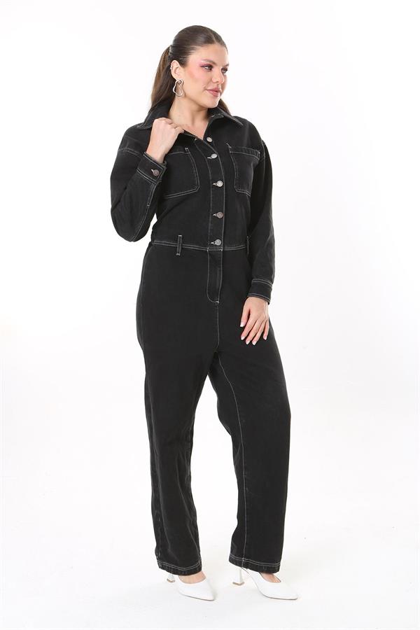 Kadın Büyük Beden Siyah Kontrast Dikişli Metal Düğmeli Kot Tulum 65N37723