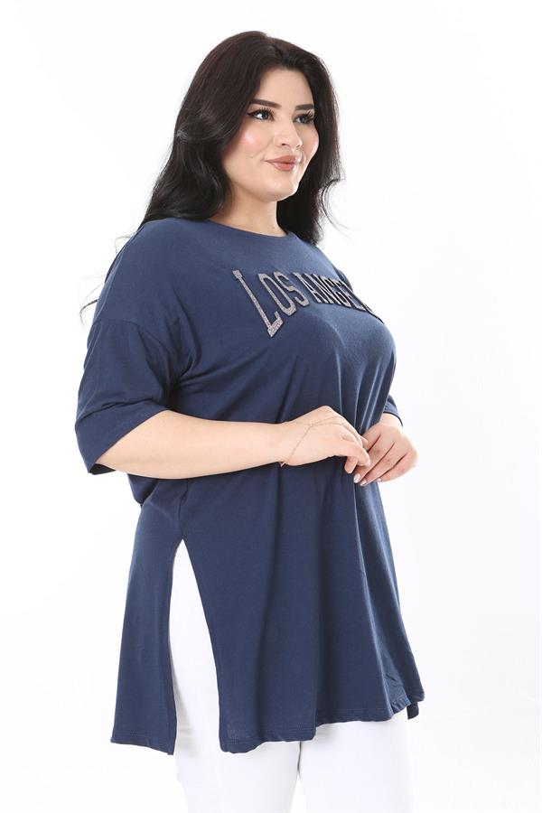 Kadın Büyük Beden Lacivert Sim Detaylı Bisiklet Yaka Yan Yırtmaçlı Kısa Kollu Bluz