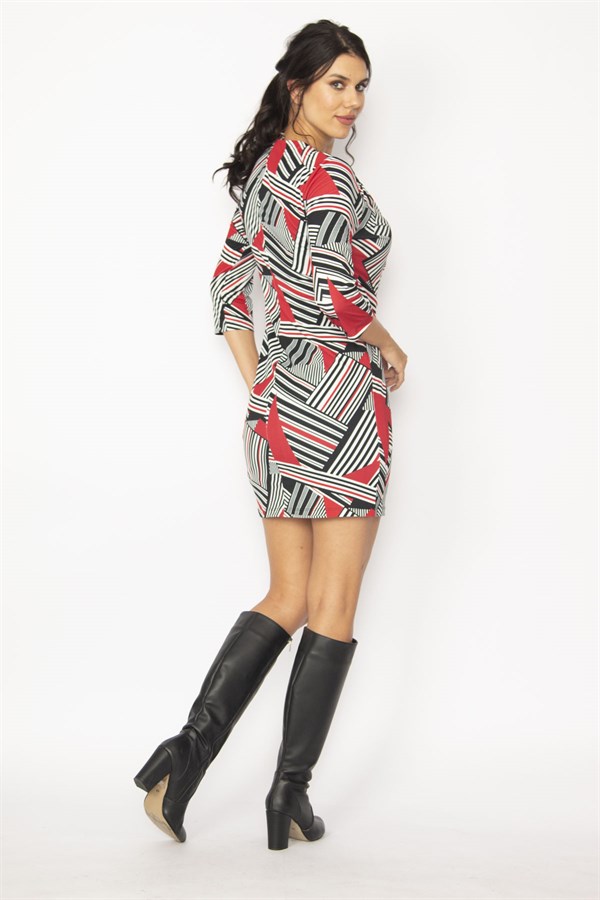 KADIN SİYAH ANVELOP YAKALI GEOMETRİK DESEN ASTARLI ELBİSE