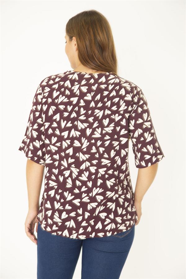 Kadın Büyük Beden Mürdüm Dokuma Viskon Kumaş Ön Pat Düğmeli Kısa Kollu Gömlek 65N36992