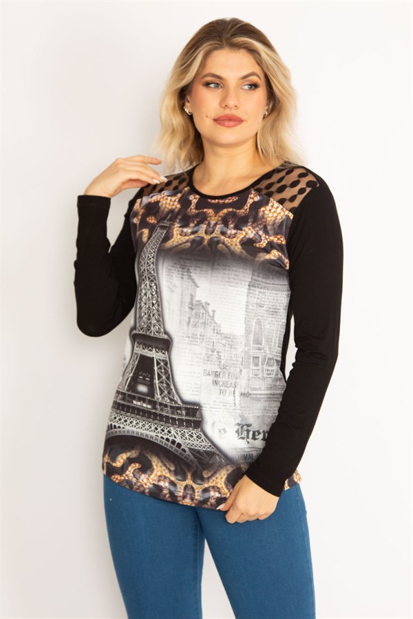 Kadın Siyah Omuz Robası Dantel Taş Ve Baskı Detaylı Tunik 65N34682