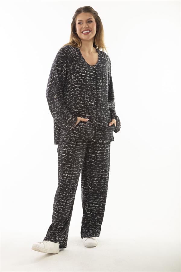 Kadın Büyük Beden Kemik Dokuma Viskon Kumaş Ön Fermuarlı Bluz Pantolon İkili Takım 65N37005