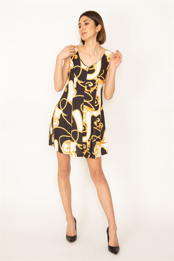 KADIN RENKLİ ÖN ARKA V YAKA DESENLİ ELBİSE