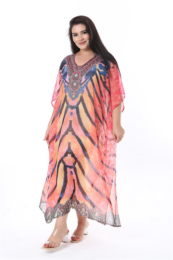 Kadın Büyük Beden Renkli Taş Detaylı Astarsız Şifon Kap 65N38322