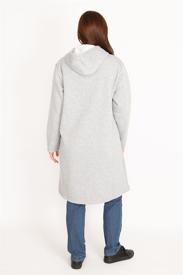 Kadın Gri İçi Şardonlu Polar Kumaş Ön Fermuarlı Kanguru Cepli Kapşonlu Mont 65N34653