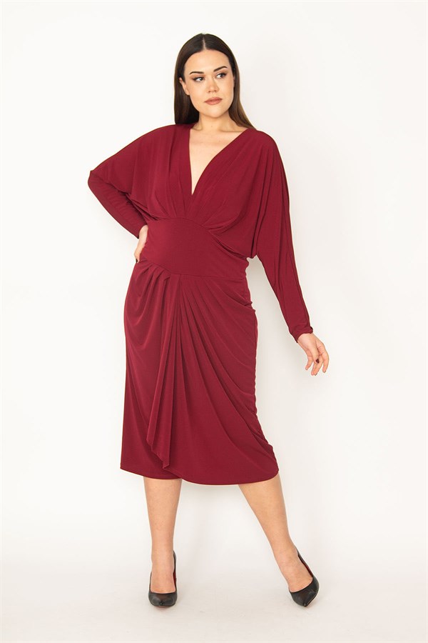KADIN BORDO GÖĞÜS VE BEL DETAYLI ELBİSE