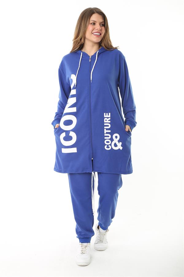 Kadın Büyük Beden Gri Baskı Ve Fermuar Detaylı Kapşonlu Sweatshirt Pantolon Takım 65N37128