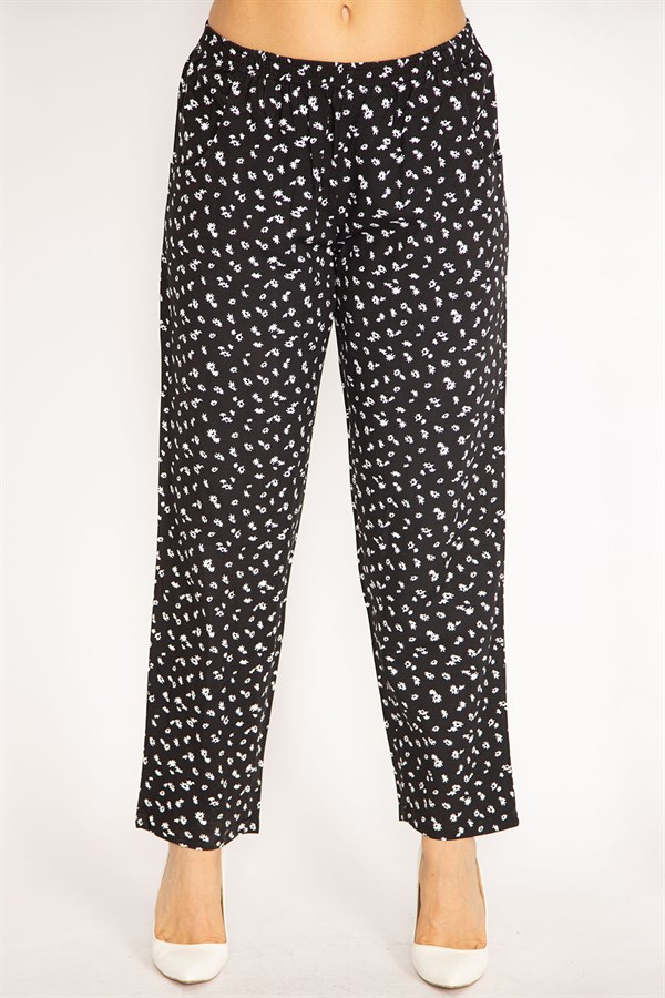 Kadın Siyah Beli Lastikli Çiçek Desenli Cepli Pantolon 65N34677