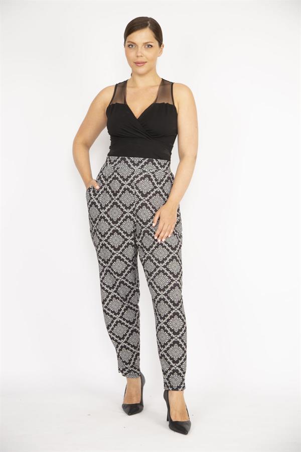 Kadın Büyük Beden Siyah Beli Lastikli Yan Cepli Desenli Pantolon 65N37242