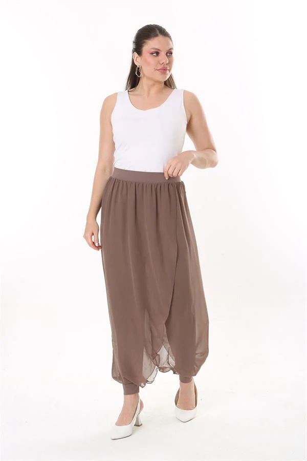 Kadın Büyük Beden Lacivert İçi Viskon Pantolonlu Şifon Anvelop Görünümlü Şalvar   65N37631