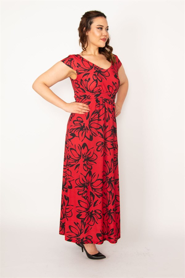 Kadın Renkli V Yakalı Bel Büzgülü Uzun Elbise 65N33190