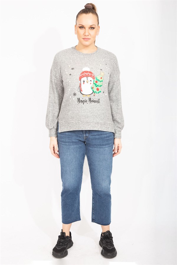 Kadın Gri İnci Ve Baskı Detaylı Yumoş Kumaş Bluz 65N35497