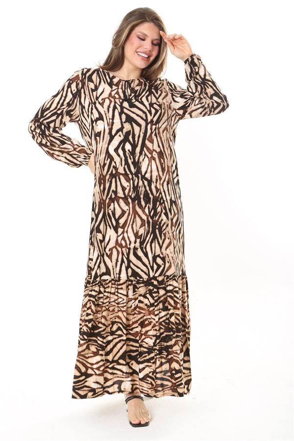 Kadın Kahve Dokuma Viskon Kumaş Eteği Katlı Uzun Kollu Elbise 65N37867