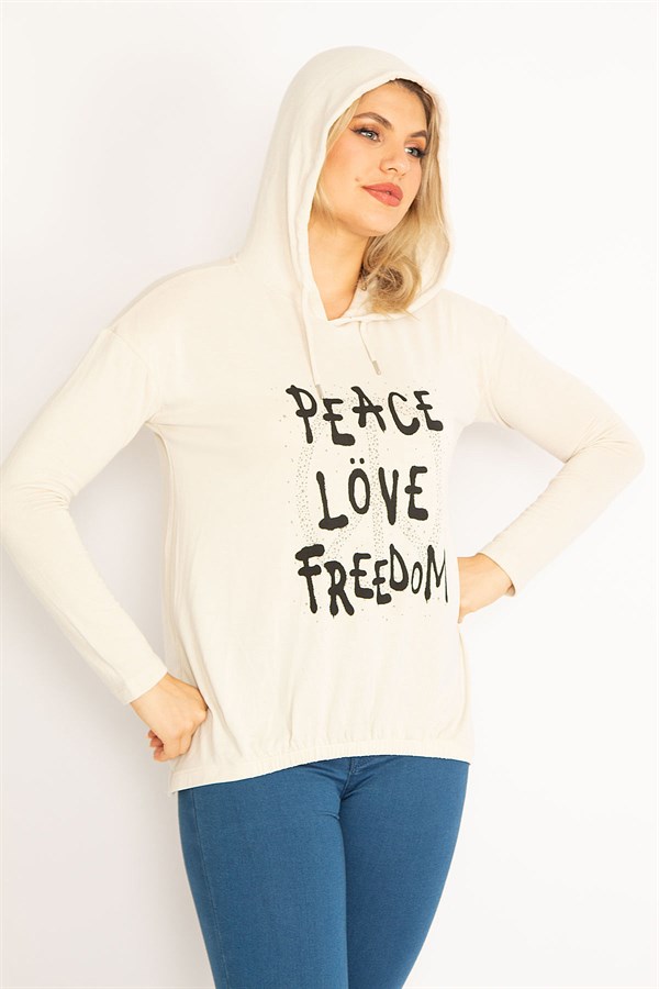 Kadın Bej Ön Baskılı Kapşonlu Etek Ucu Lastikli Bluz 65N34600