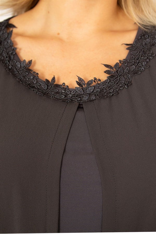 Kadın Füme Şifon Pelerinli Dantel Detaylı Abiye Elbise 65N34506