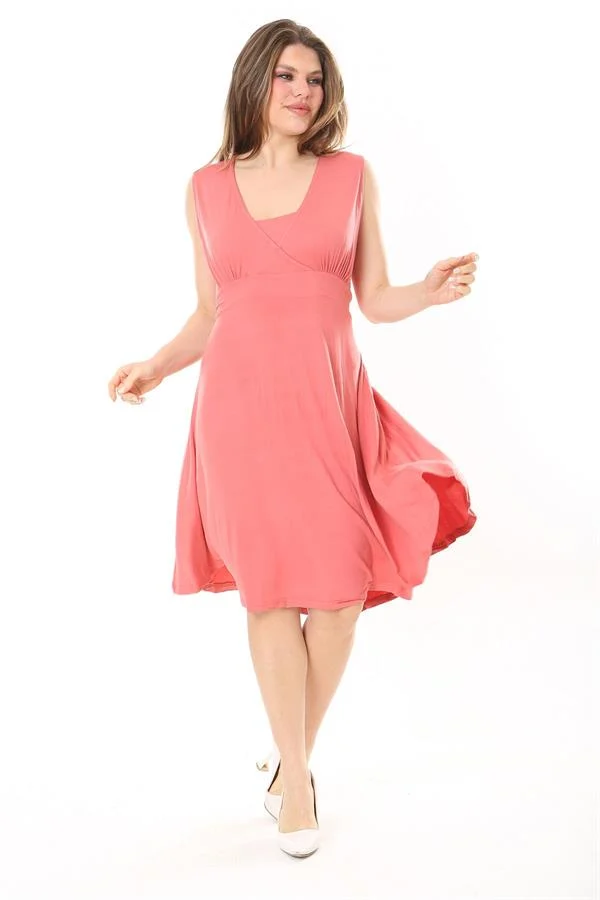 Kadın Haki Anvelop Yakalı Arka Bel Lastikli Kolsuz Likralı Viskon Elbise 65N37872