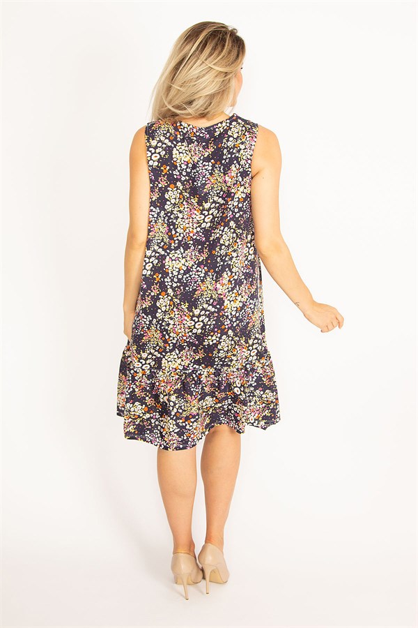 Kadın Lacivert Dokuma Viskon Kumaş Etek Ucu Katlı Elbise 65N34438