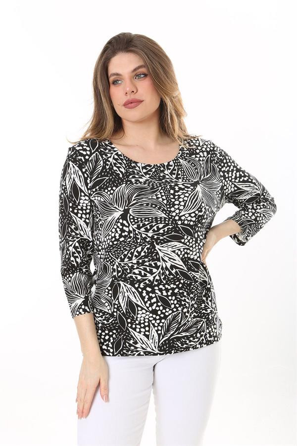 Kadın Büyük Beden Siyah Bisiklet Yakalı Uzun Kollu Bluz 65N37585