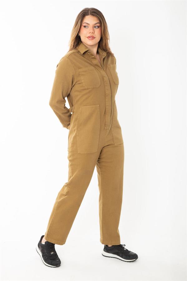 Women's Khaki Front Hidden Snap Button Pocket Denim Overalls 65N37370