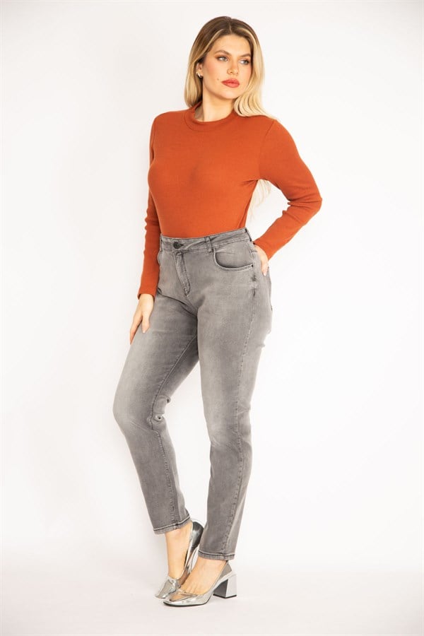 Kadın Gri Yıkama Efektli Likralı Kot Pantolon 65N35251