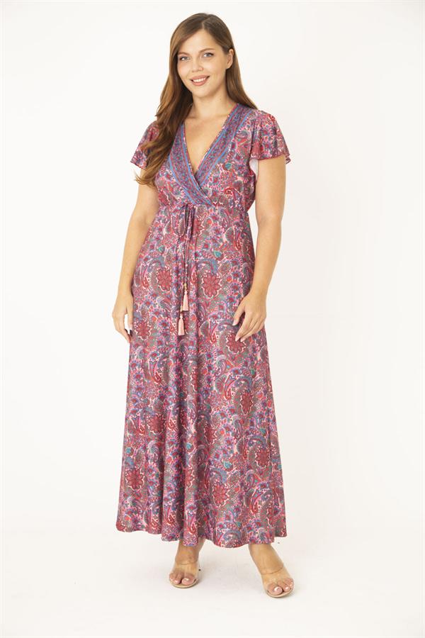 Kadın Büyük Beden Renkli Anvelop Yakalı Bel Bağcıklı Elbise 65N36878