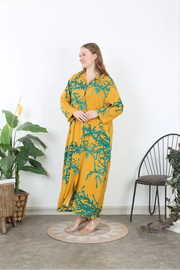 Kadın Büyük Beden Mavi Ön Boy Düğmeli Gömlek Yakalı Uzun Elbise 65N37875