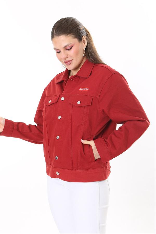 Kadın Büyük Beden Bordo Metal Düğmeli Kup Detaylı Cepli Kot Mont 65N37713