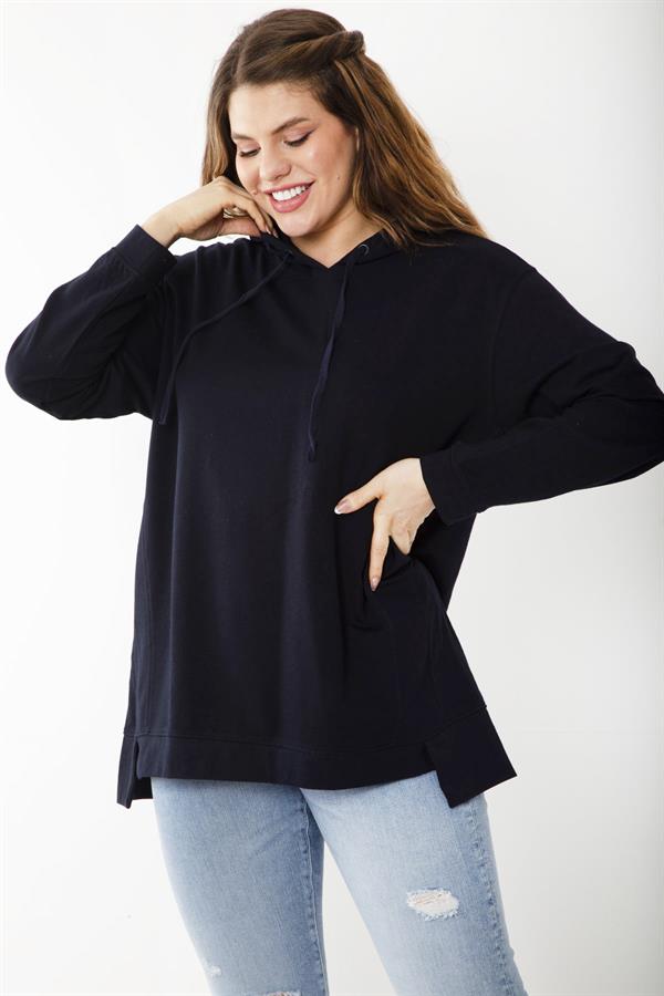 Women's Plus Size Navy Blue Relaxed Cut Side Slit Hooded Sweatshirt 65N37200