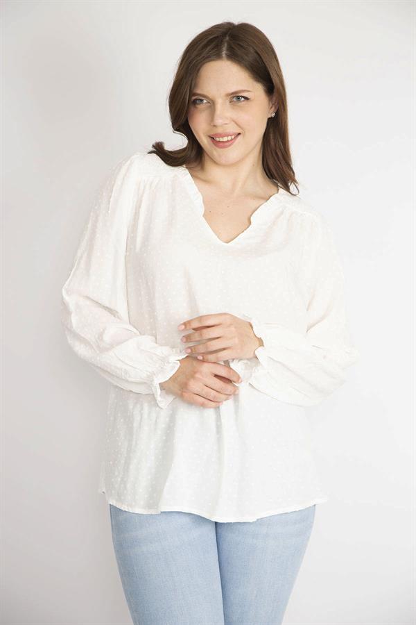 Kadın Kemik Büyük Beden Nopeli Kumaş Yaka Fırfırlı Kol Ağzı Lastikli Bluz