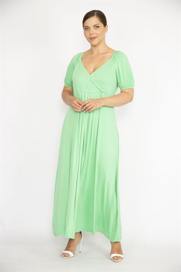 Kadın Büyük Beden Yeşil Omuz Ve Kol Ağzı Lastik Detaylı Anvelop Yakalı Elbise