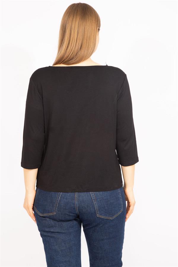 Kadın Siyah Büyük Beden Dantel Detaylı Bluz 65N35576