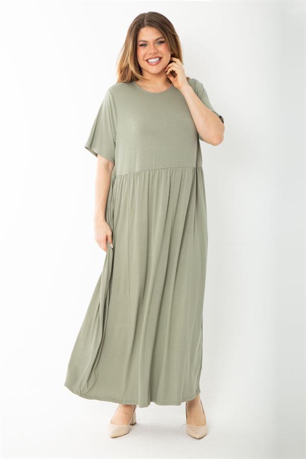 Kadın Büyük Beden Haki Bel Büzgülü Kısa Kollu Uzun Elbise 65N37757