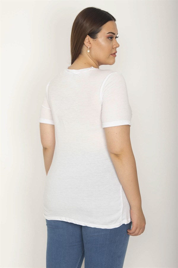 Kadın Beyaz Önü Nakış Yazılı Kısa Kollu Bluz 65N27042