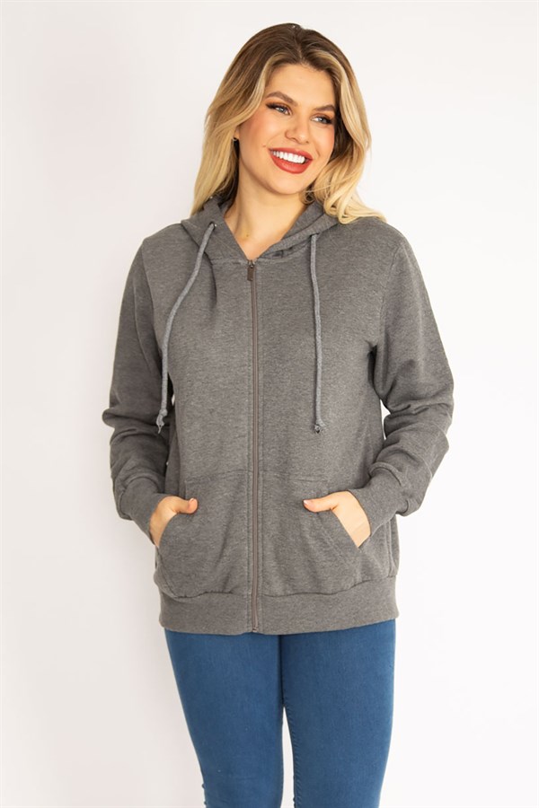 Kadın Gri Sırtı Çift Fermuar Ve Çıtçıt Düğme Ve Ön Fermuarlı İçi Şardonlu Sweatshirt 65N35069